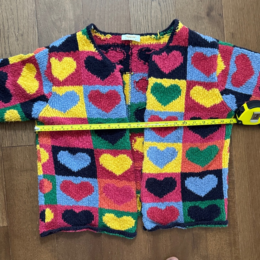 VINTAGE Talbots Heart Patchwork Cardigan - Red, Yellow, Blue, Green, Black - Picture 3 of 7